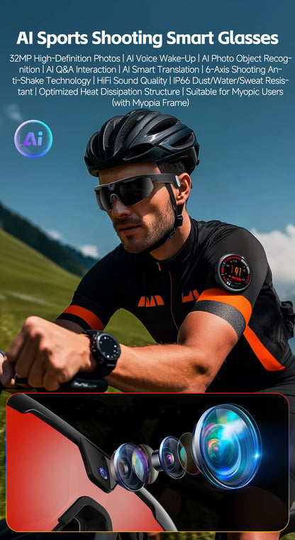 Ridglo W640 AI Smart Cycling Glasses with 1080P Camera & Bluetooth Music