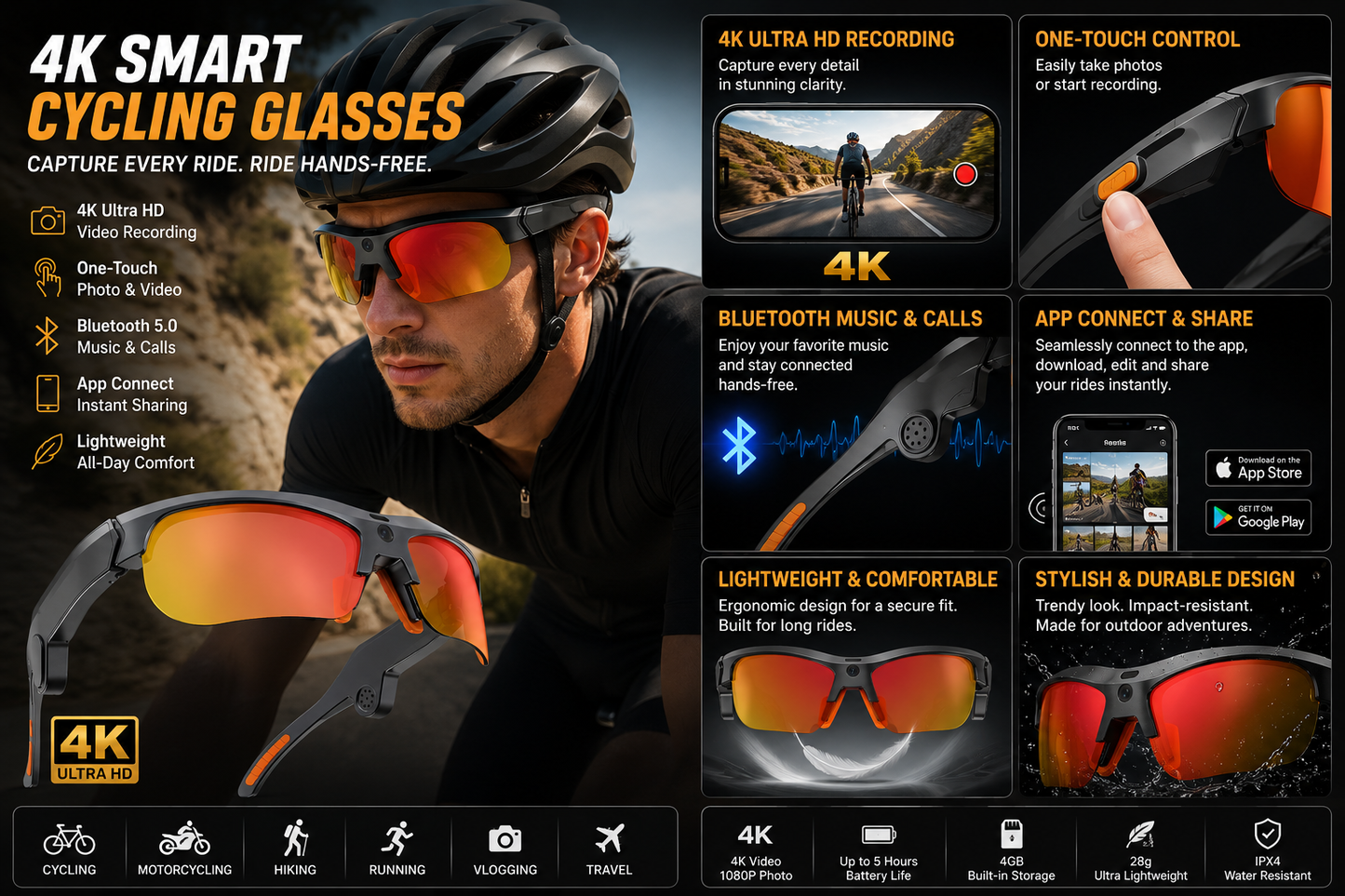 Ridglo V8 4K Smart Cycling Camera Glasses
